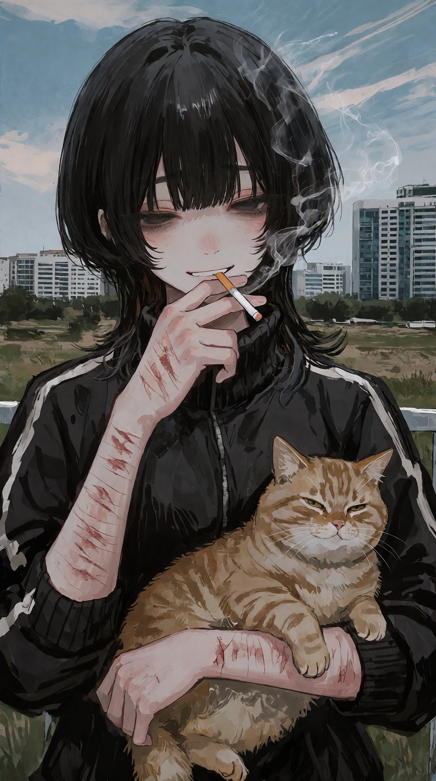 @748cm_style,  A young person with shoulder-length black hair and bangs stands outdoors,  holding a lit cigarette between...
