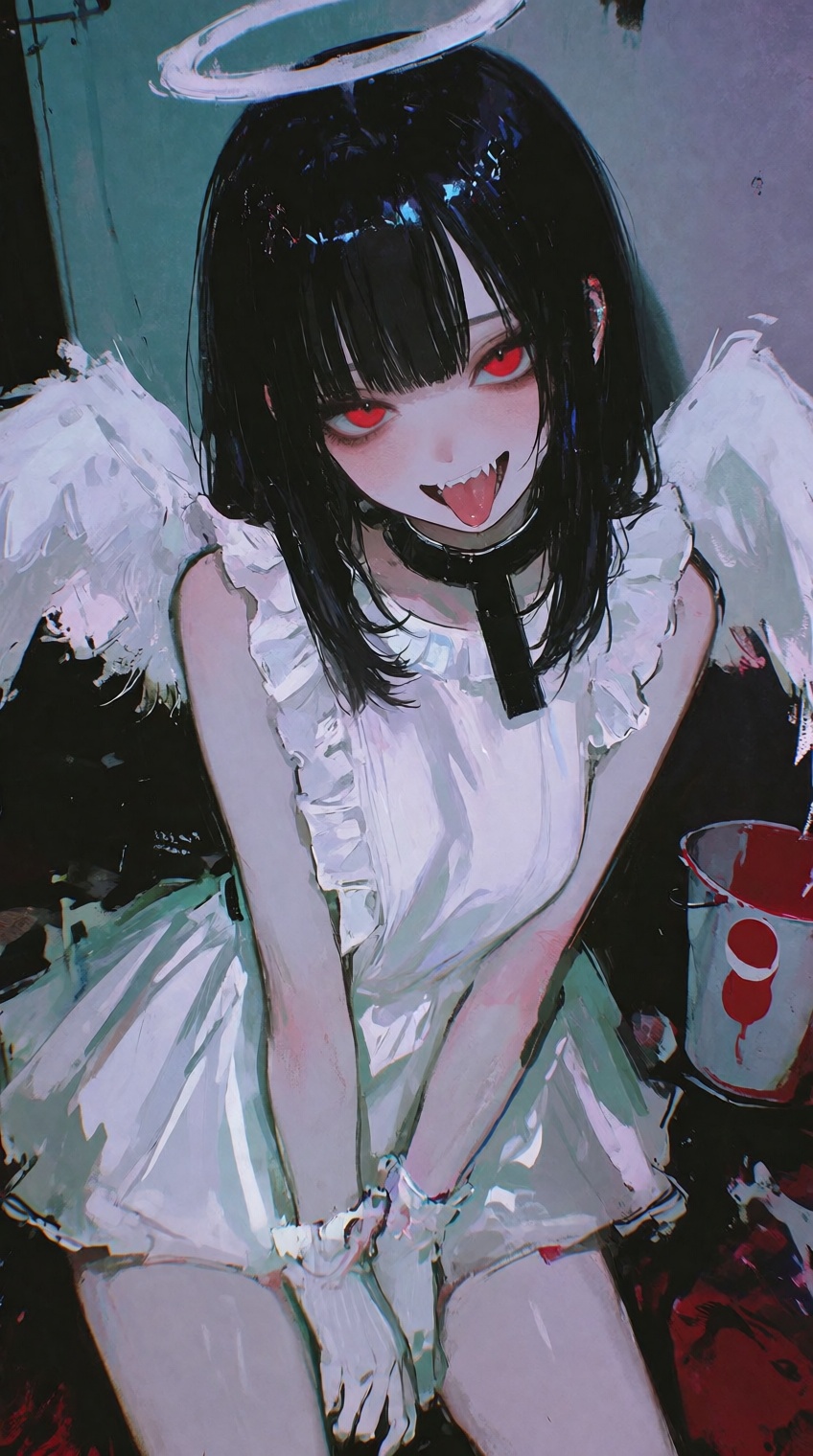 @748cm_style,  A young anime-style girl with straight black hair and bangs sits crouched,  her vivid red eyes gleaming und...