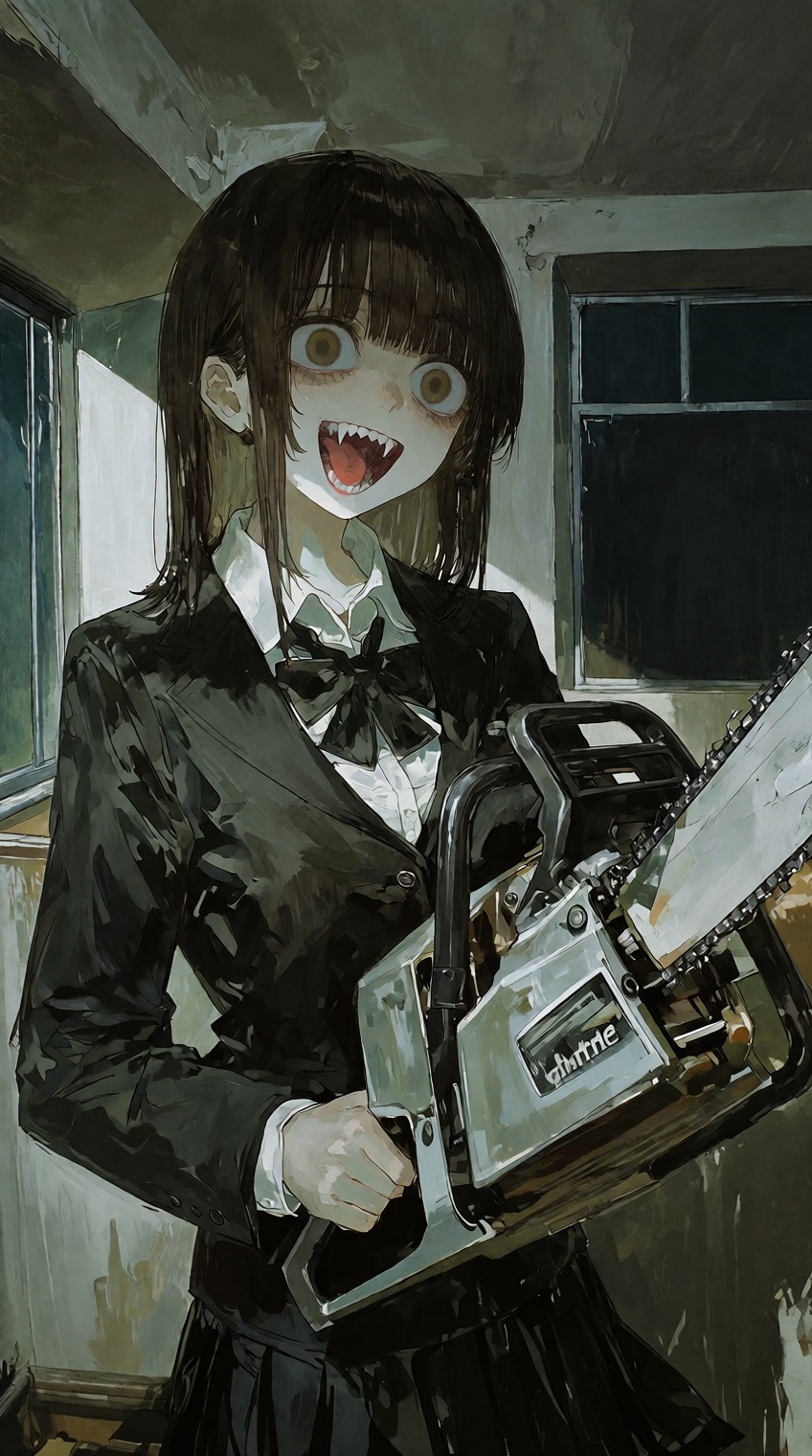 @748cm_style,  A young woman with straight dark hair and bangs stands in a dimly lit,  muted interior on Tensor.Art
