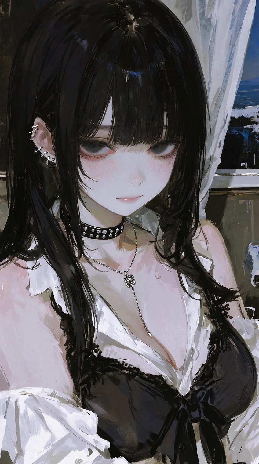 @748cm_style,  A young woman with long,  straight black hair and bangs gazes downward on Tensor.Art