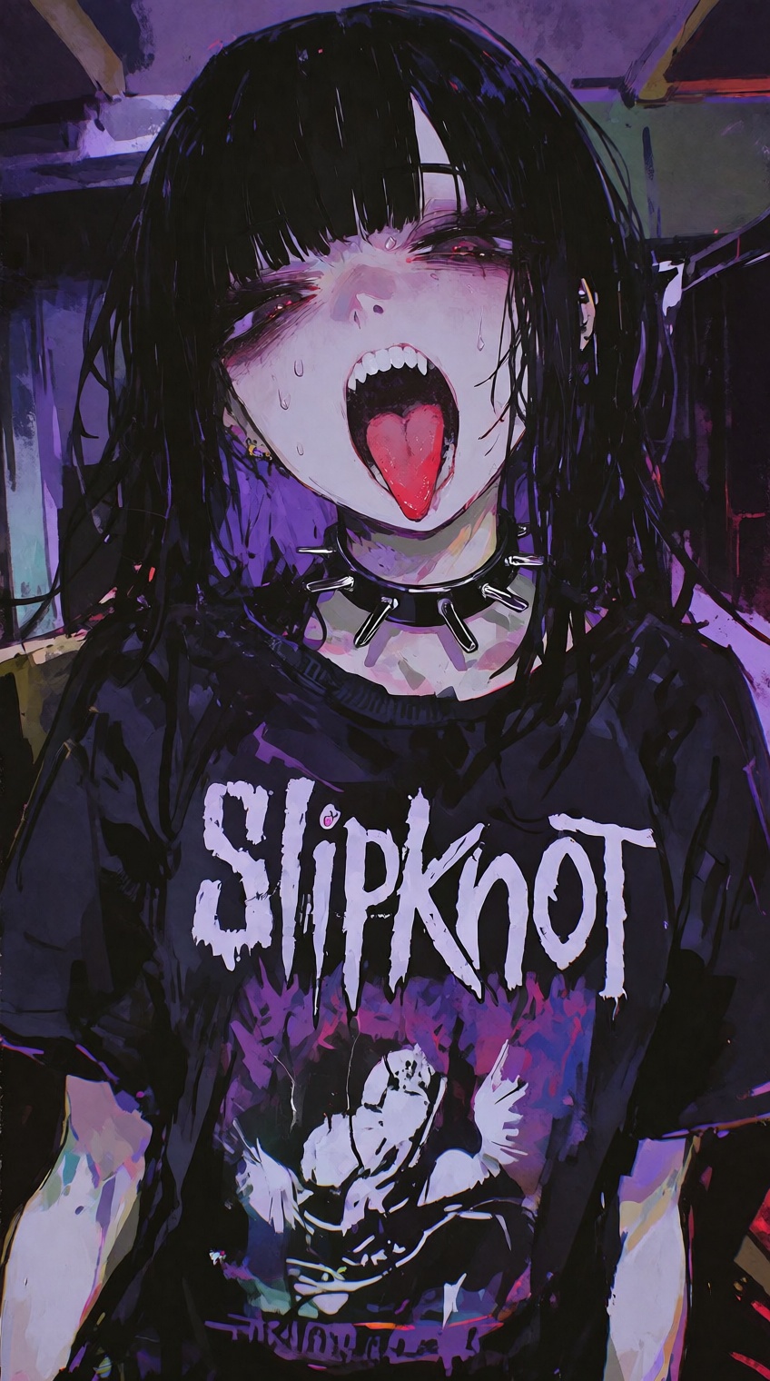 @748cm_style,  A young metalhead woman with long,  disheveled black hair and bangs on Tensor.Art