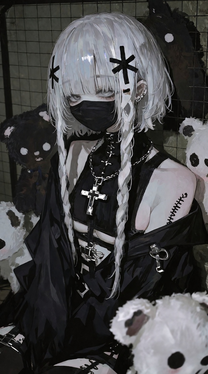 @748cm_style,  A pale-skinned figure with long,  silver-white hair styled in two thick braids sits surrounded by plush toy...