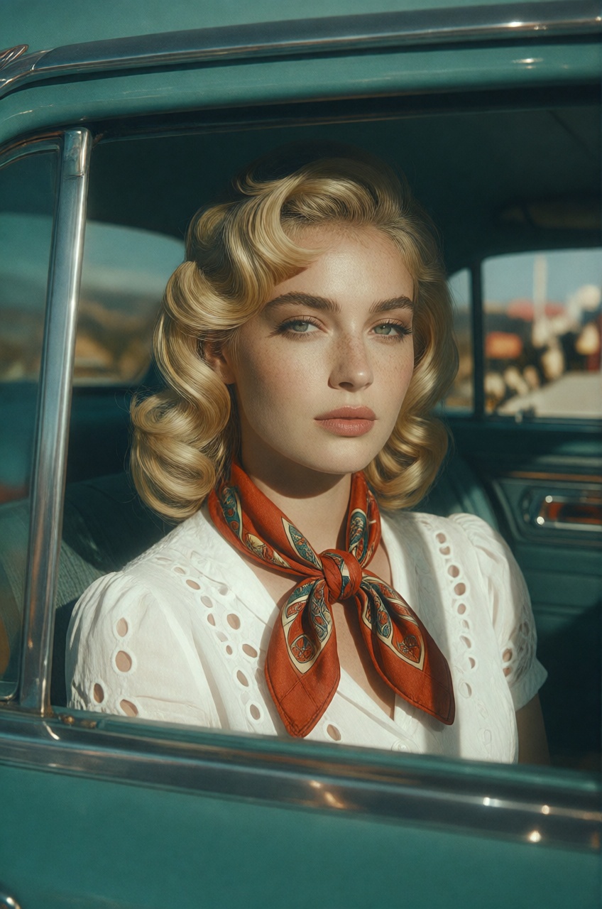a woman is featured in a striking close-up shot as she peers out from the interior of a vintage teal car. The technical li...