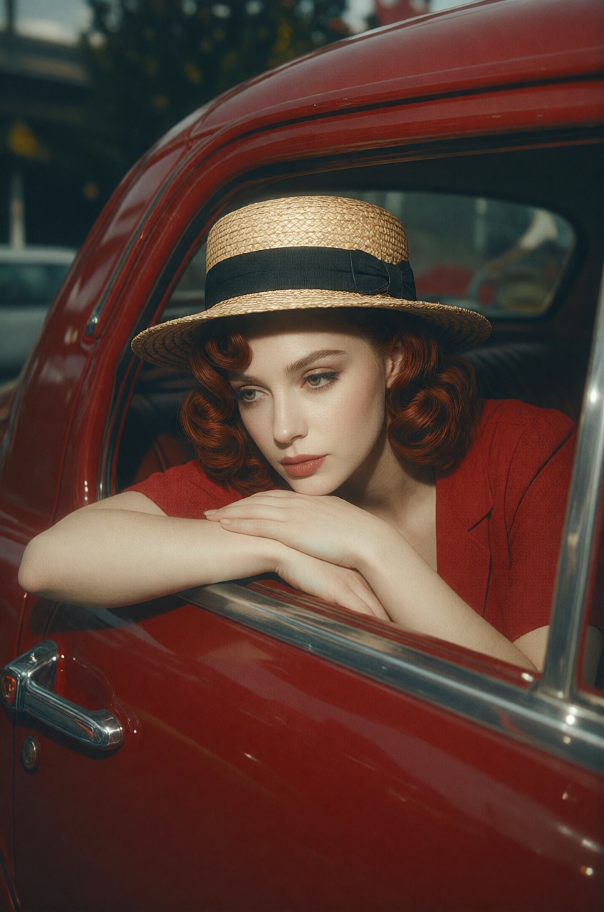 a woman is captured in a pensive and intimate medium close-up,  leaning her chin on her crossed arms out of the window of...