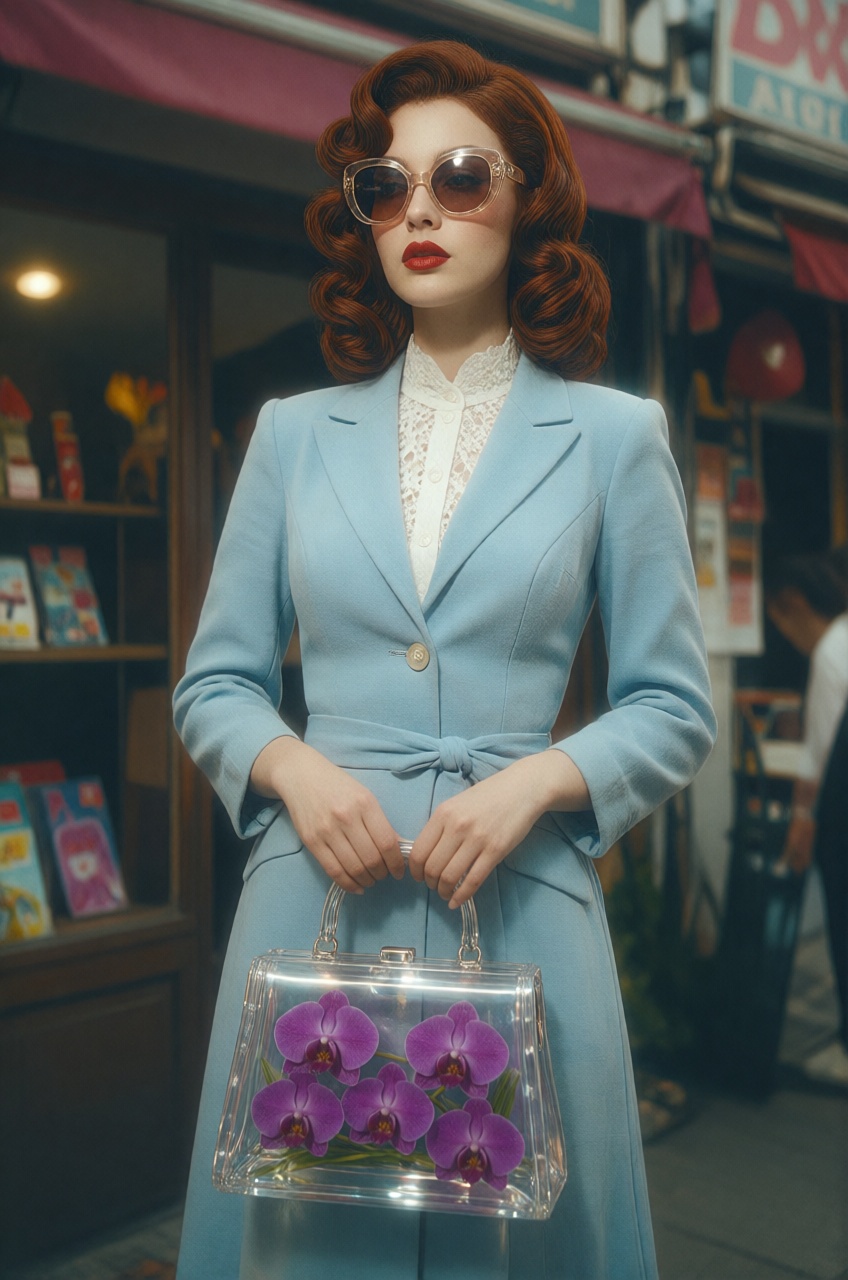 a high-fashion vintage aesthetic that masterfully utilizes a direct flash and slightly dimmed background,  giving the subj...