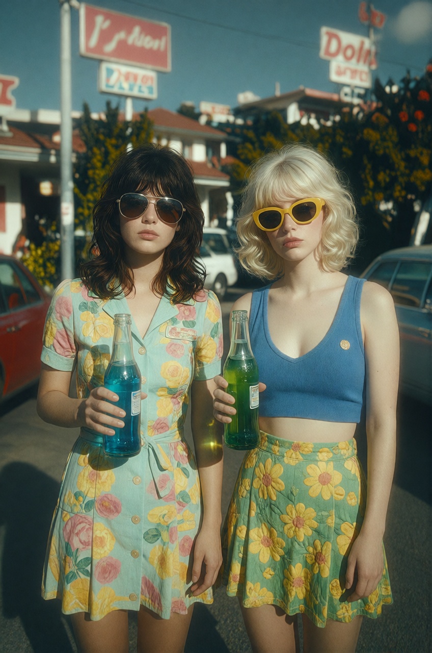 a vintage,  saturated aesthetic reminiscent of 1970s Americana,  captured through a medium shot with a wide-angle focal le...
