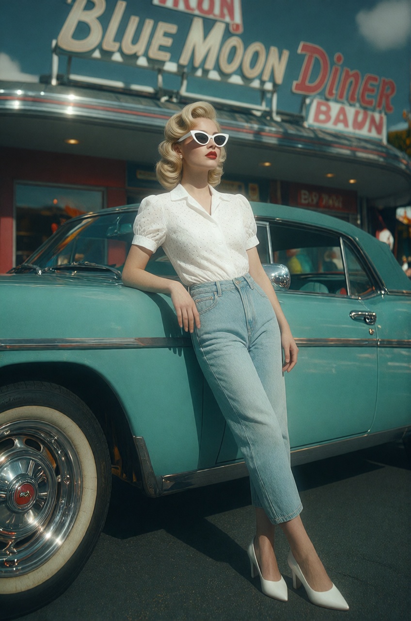 a woman is presented as the central subject of a vibrant,  mid-century Americana scene,  leaning effortlessly against a cl...