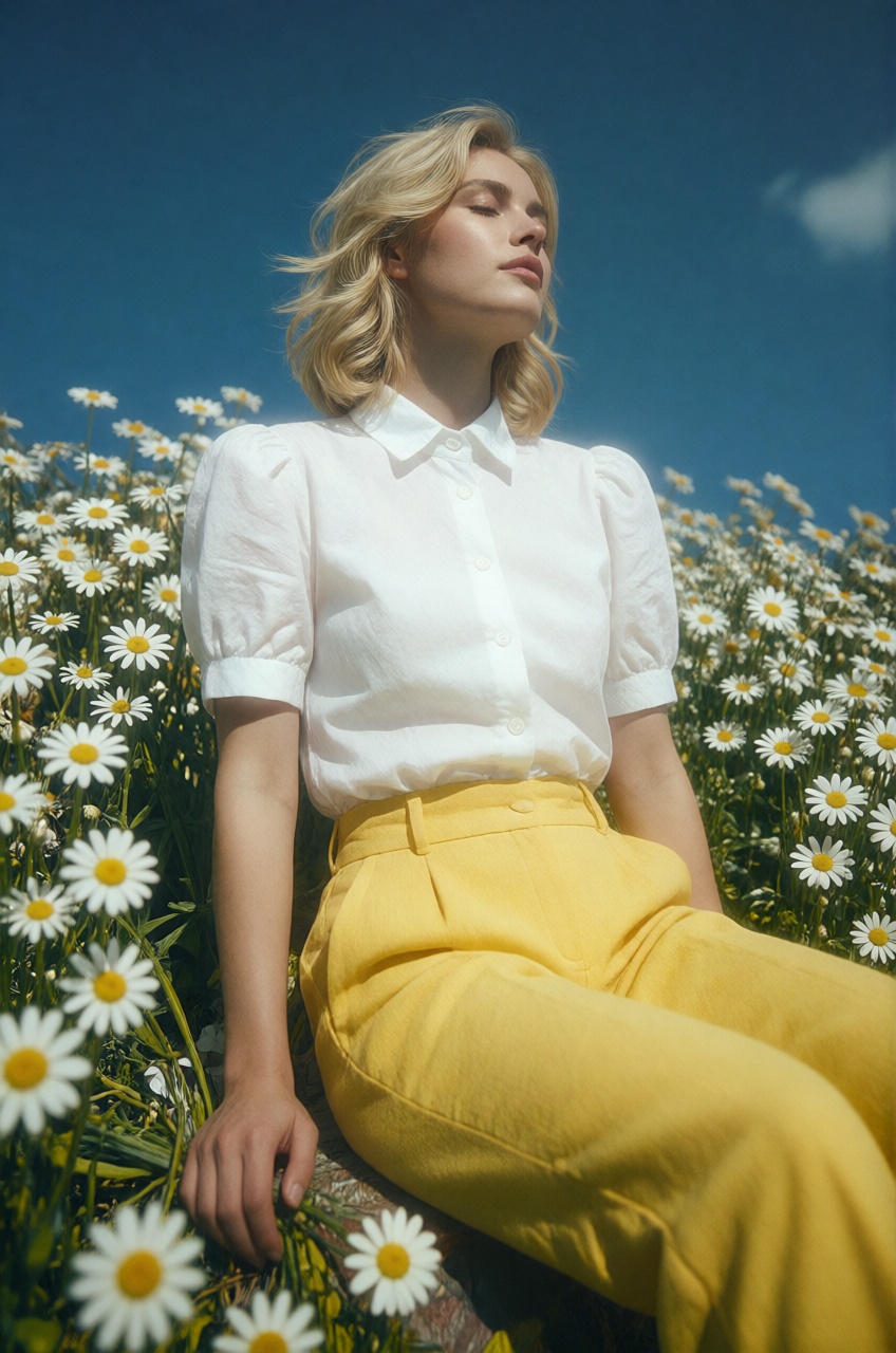 a woman is captured in a serene,  low-angle medium shot,  sitting amidst a vibrant field of white daisies under a clear bl...