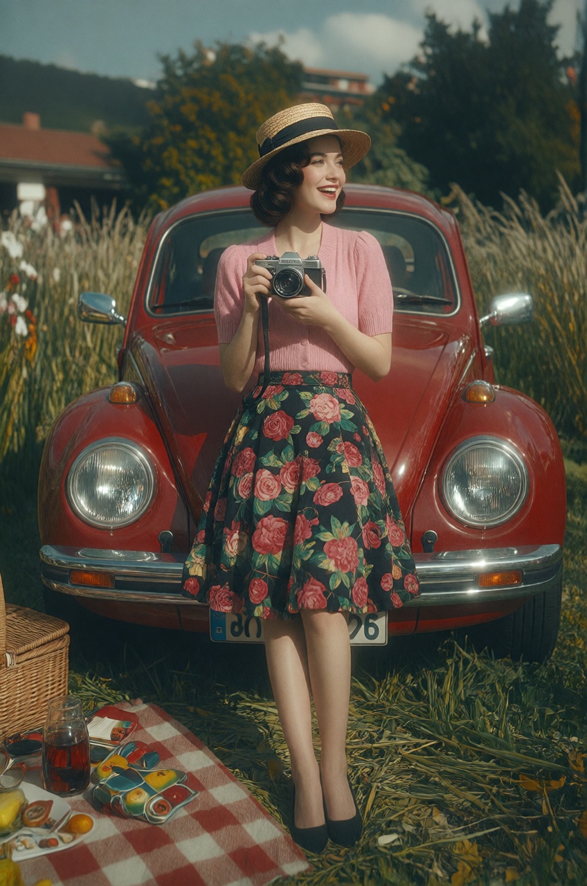 a woman is portrayed in a charming,  vintage-inspired full shot,  leaning against the front of a classic red Volkswagen Be...