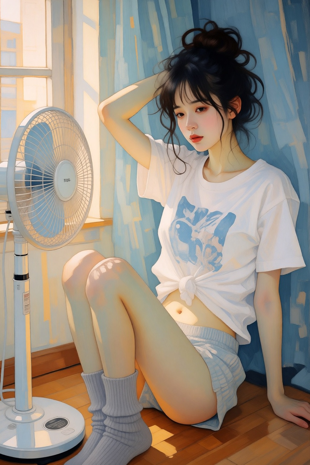 digitalillustration7k2e10. Digital painting. On the right is an East Asian woman with her dark hair tied up in a messy bun...