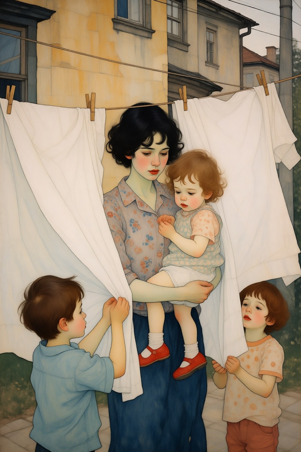 digitalillustration7k2e10. Digital painting. Young mother outdoors,  holding a toddler wearing a diaper and red shoes. She...