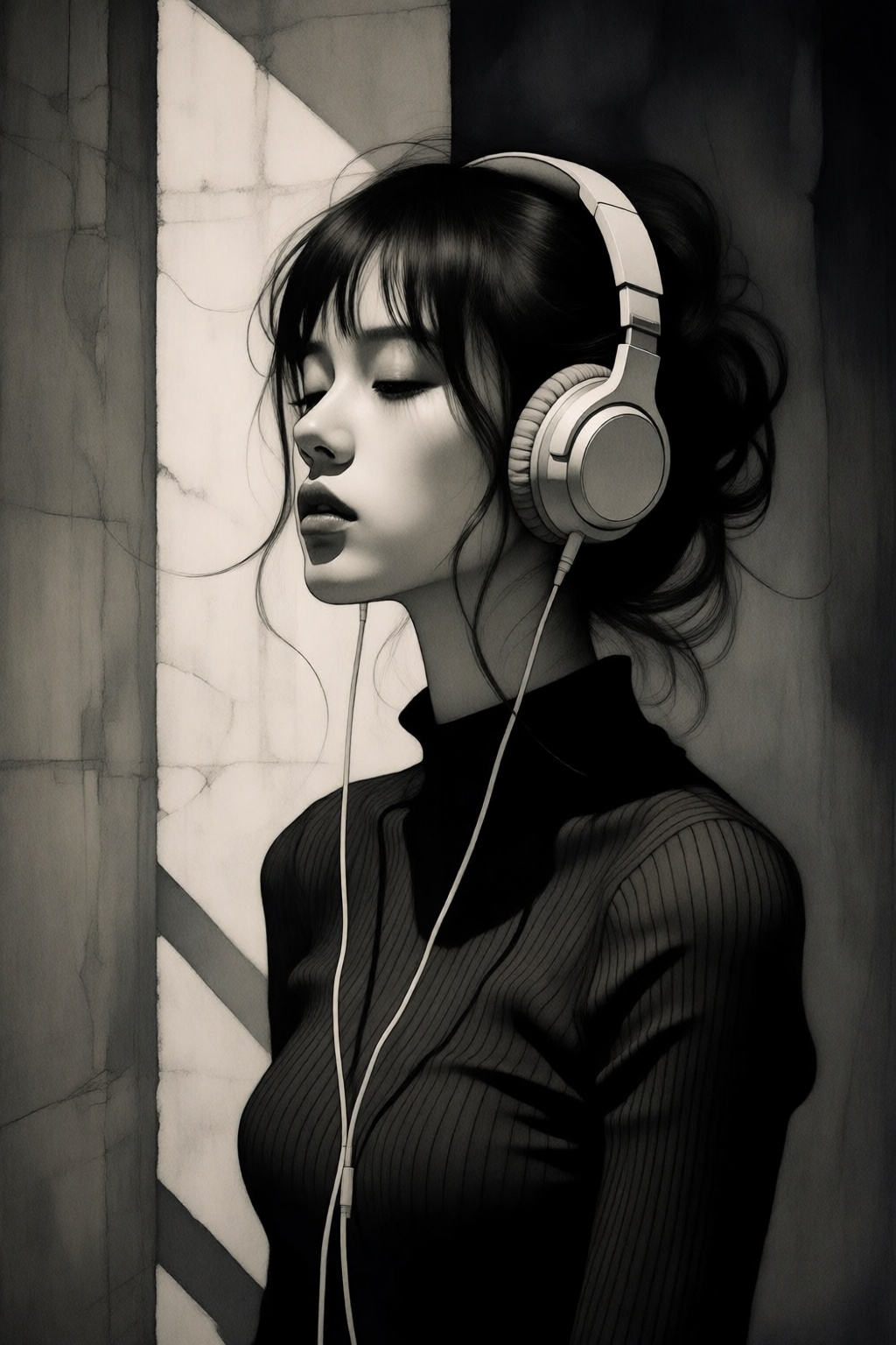 digitalillustration7k2e10. Digital painting. Portrait of a young East Asian woman,  show in side profile,  with dark hair...