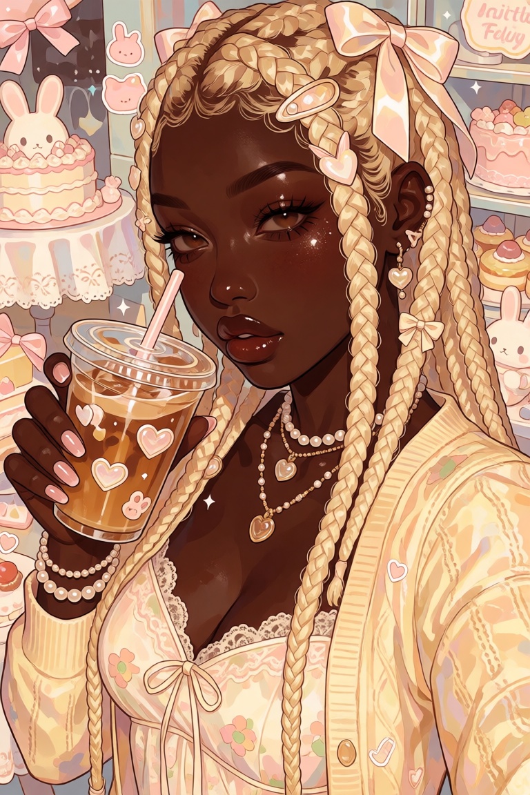 nijijelly,  a polished half-body digital illustration of a beautiful Black woman with rich dark skin,  is rendered in a ps...