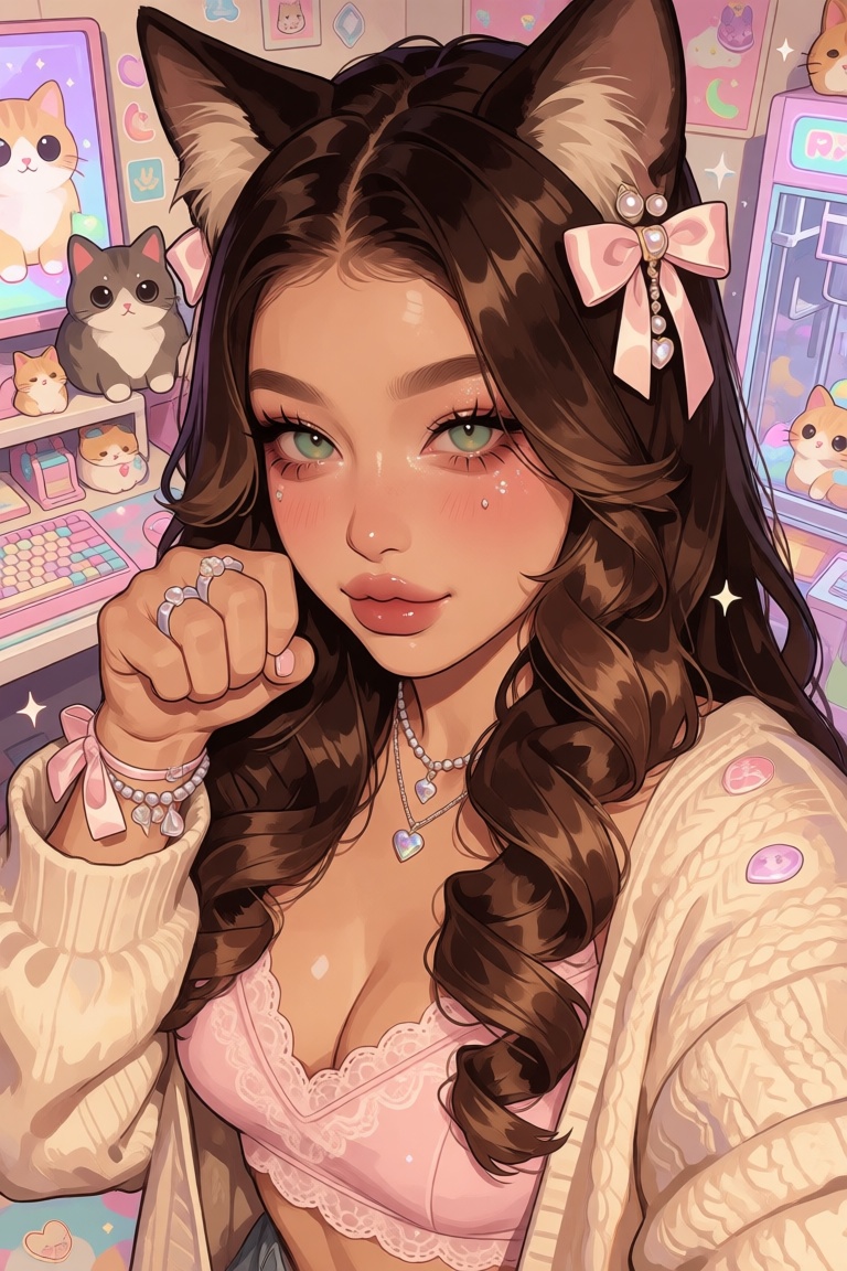 nijijelly,  a polished half-body digital illustration of a beautiful European cat girl,  is rendered in a pseudo-realistic...