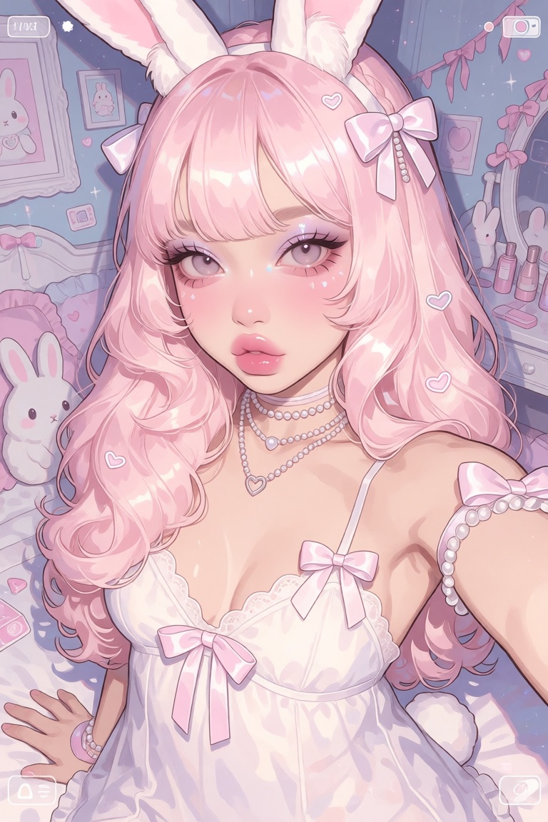 nijijelly,  a polished close-up digital illustration of a beautiful e-girl bunny demi-human woman,  is rendered in a pseud...