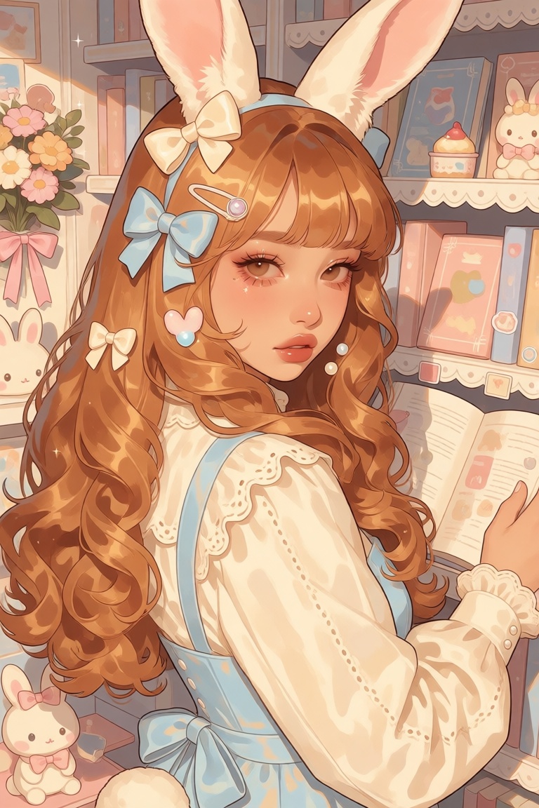 nijijelly,  a polished half-body digital illustration of a beautiful European bunny girl,  is rendered in a pseudo-realist...