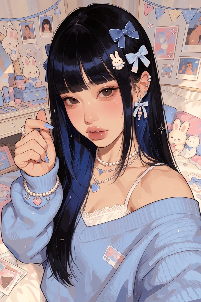 nijijelly,  a polished half-body digital illustration of a beautiful East Asian woman,  is rendered in a pseudo-realistic...