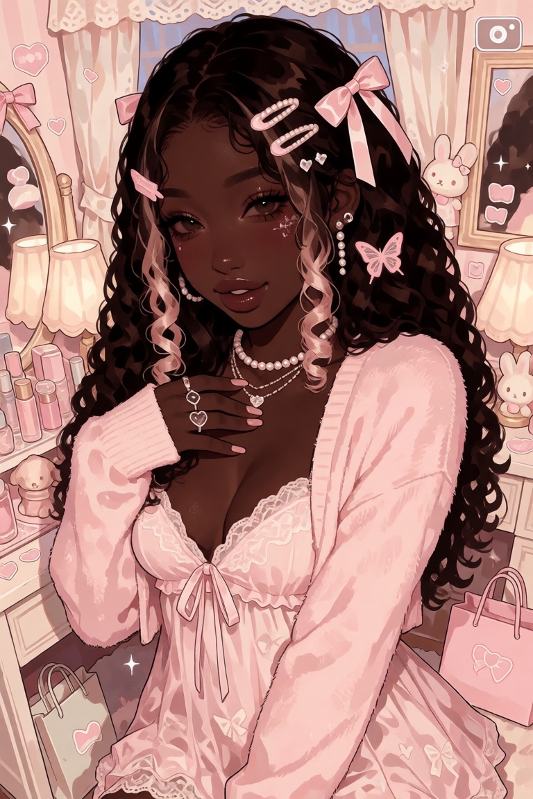 nijijelly,  a polished half-body digital illustration of a beautiful Black woman with deep rich ebony skin,  is rendered i...