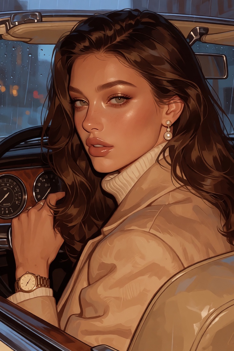 nijijelly,  a polished close-up digital illustration of a beautiful Mediterranean woman with glowing olive-tan skin,  is r...