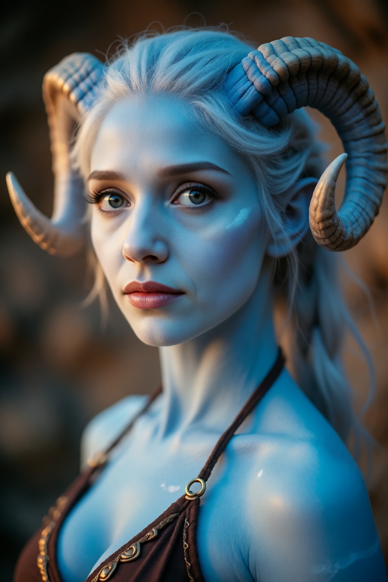 A highly detailed and dramatic 35mm film still of a blue skinned Draenei woman. vivid colours. Perfect Composition,  reali...