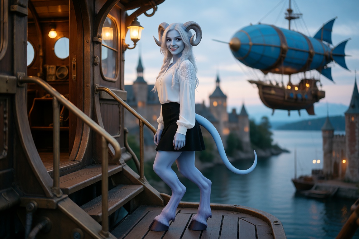 Realistic wide angle photograph. A beautiful and petite draenei woman with ram's horns,  blue skin,  a long smooth tail on...