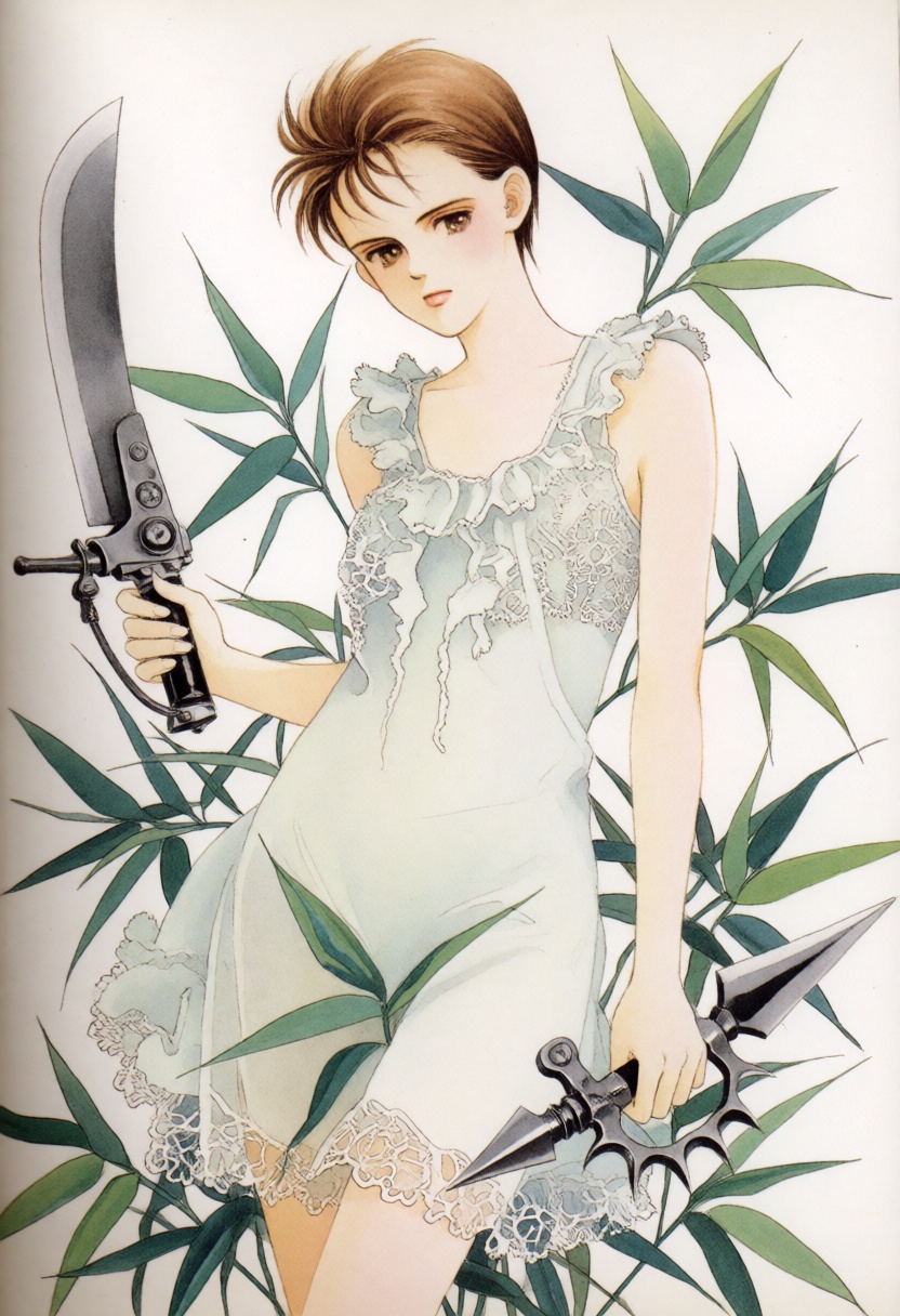 Illustration by Reiko Shimizu features a young woman with short,  brown hair posing amidst a scatter of green,  bamboo-lik...