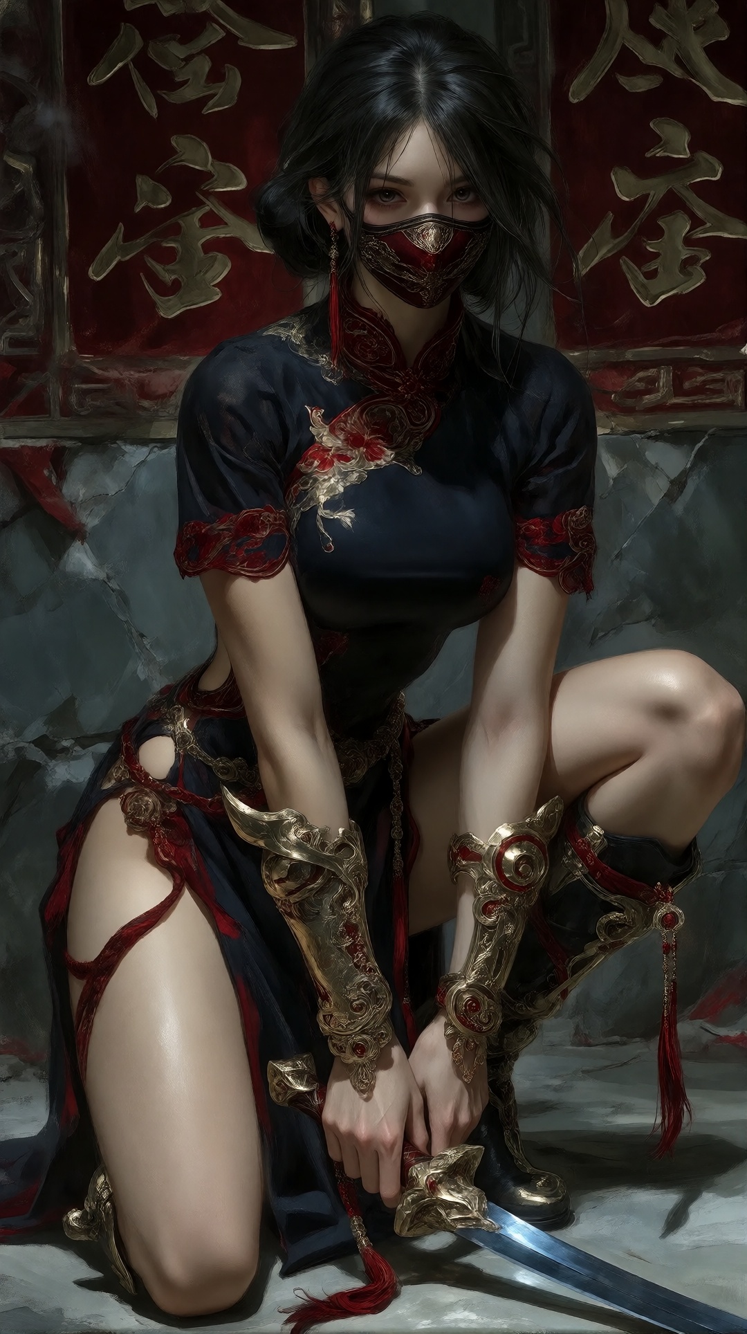 这是一位年轻的亚洲女性在昏暗的房间里跪在地上的数字插图。她身材苗条、健壮,  皮肤白皙,  黑色长发部分扎在脑后。她穿着一件黑色高领短袖旗袍 on Tensor.Art