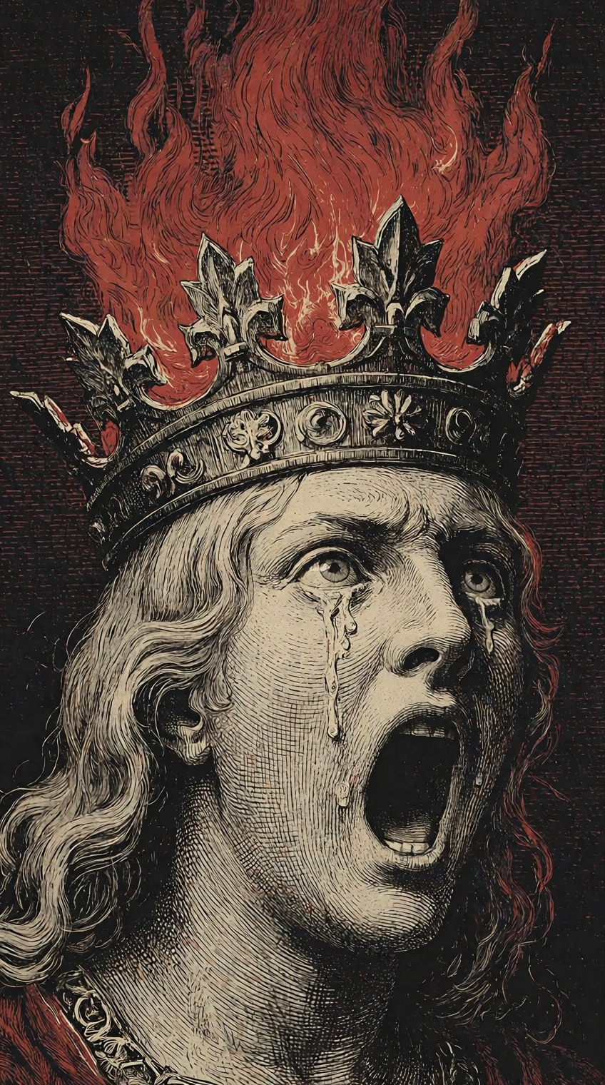 @cr00shatch,  A crowned figure with long,  wavy hair screams in anguish on Tensor.Art