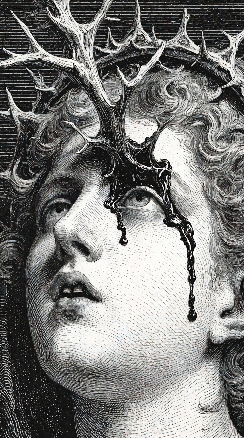 @cr00shatch,  A finely detailed black-and-white engraving depicts a youthful face in three-quarter profile,  tilted upward...