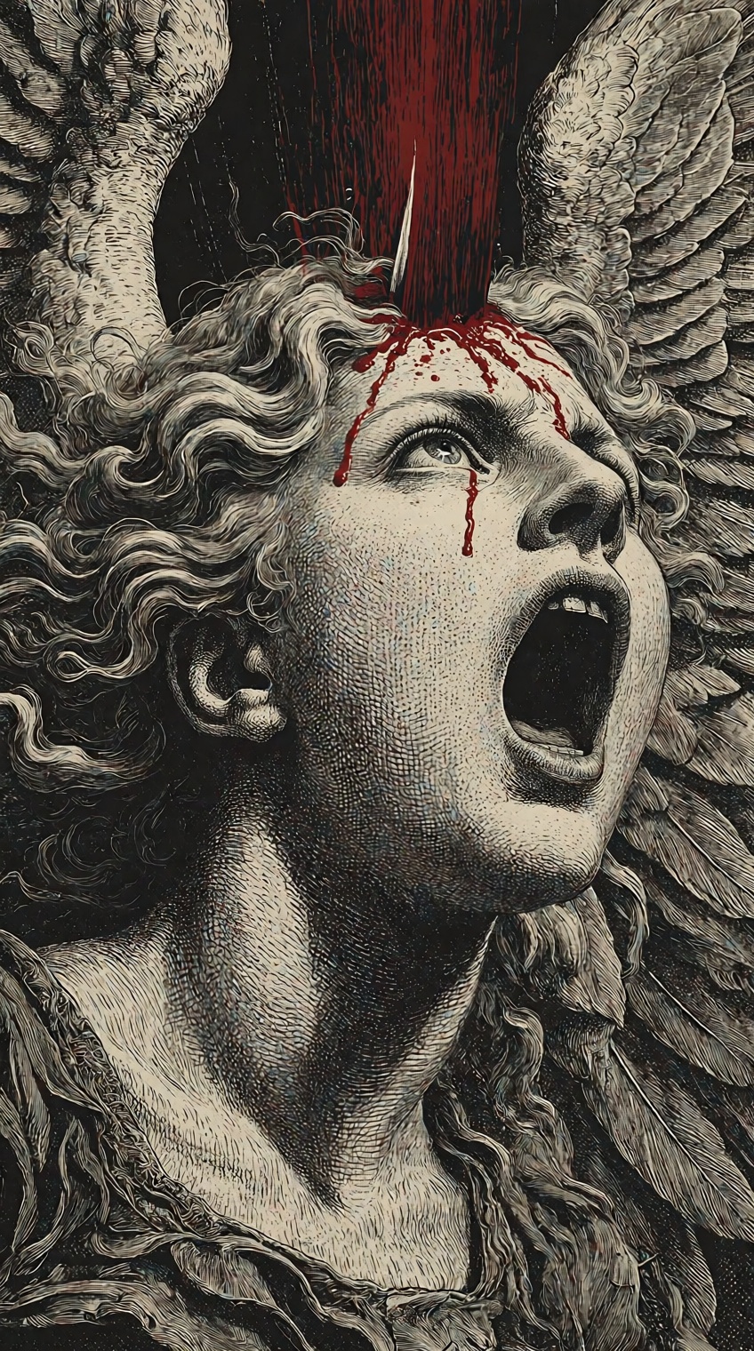 @cr00shatch,  A detailed engraving-style illustration depicts a winged angel with voluminous,  tightly curled hair and lar...