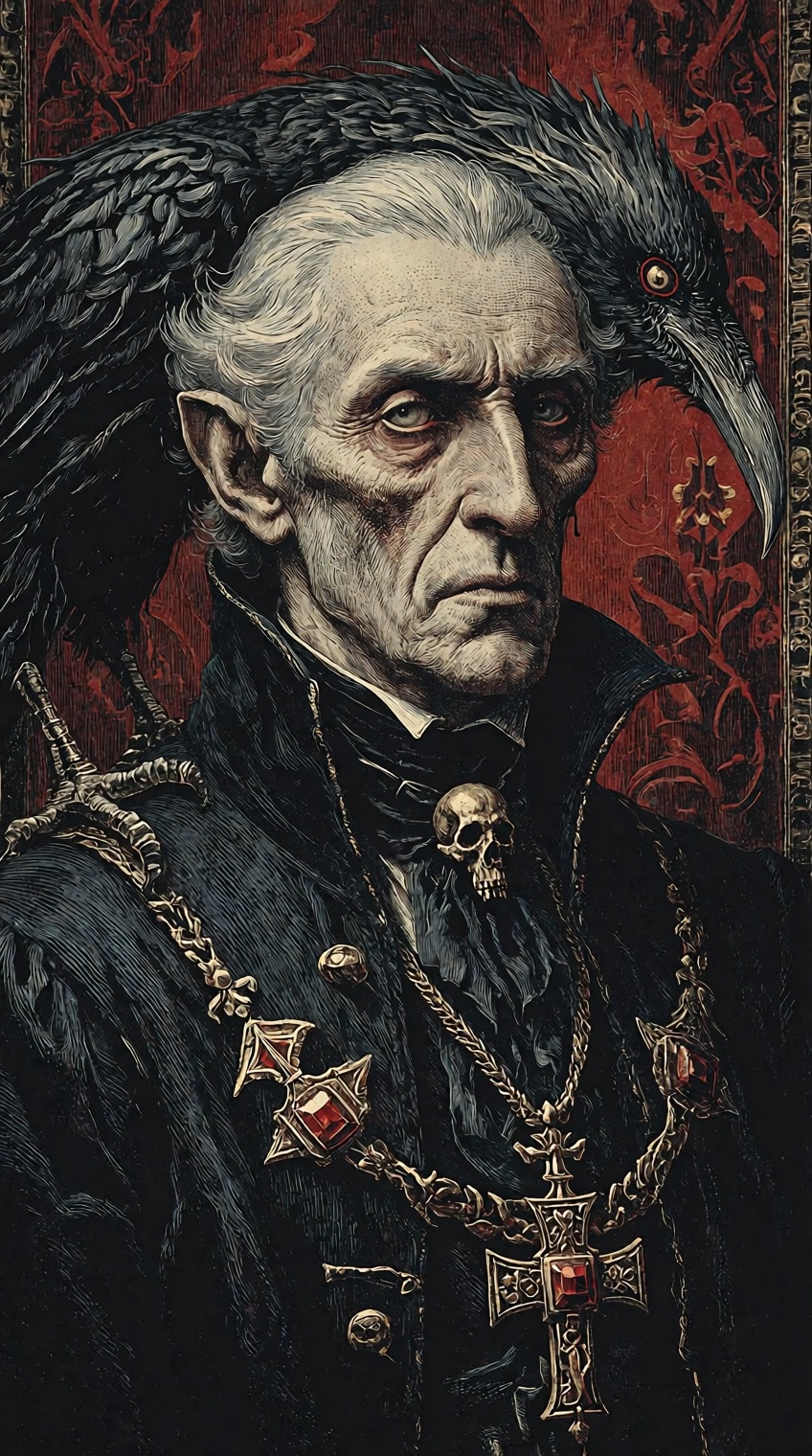 @cr00shatch,  A detailed engraving-style portrait of a gaunt,  aristocratic elderly vampire lord with slicked-back silver...