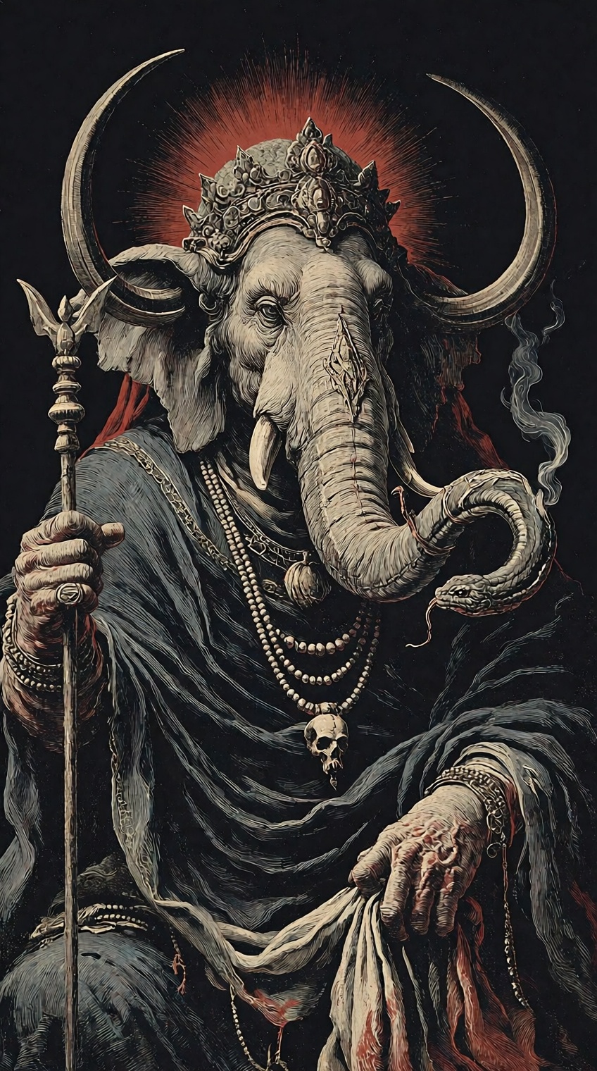 @cr00shatch,  A majestic,  anthropomorphic elephant-headed deity sits solemnly against a deep black background on Tensor.Art