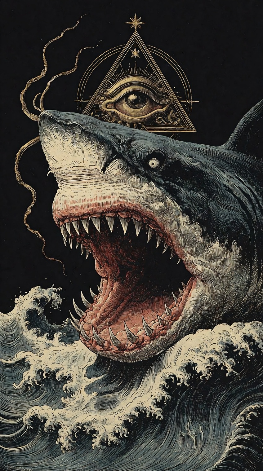 @cr00shatch,  A colossal shark lunges forward with its mouth wide open,  revealing rows of sharp on Tensor.Art