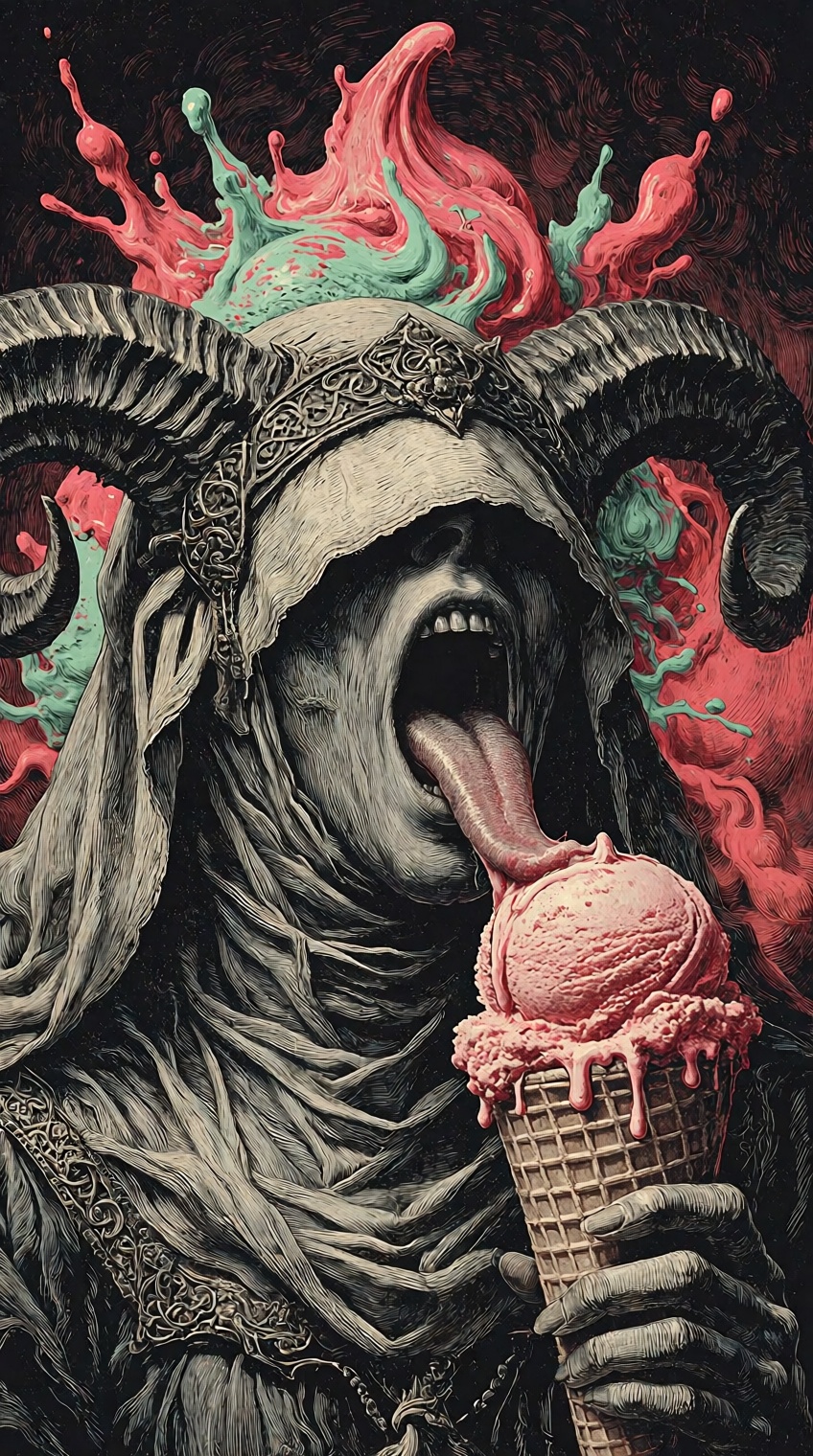 @cr00shatch,  A horned,  hooded figure with a wide-open mouth and elongated tongue dominates the composition on Tensor.Art