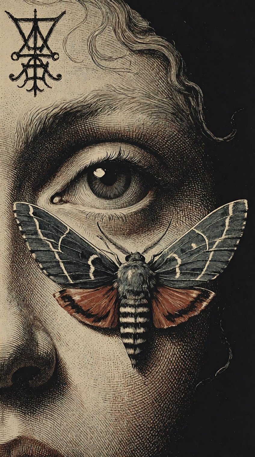 @cr00shatch,  A highly detailed engraving-style portrait shows a human eye and part of the face in sepia-toned cross-hatch...