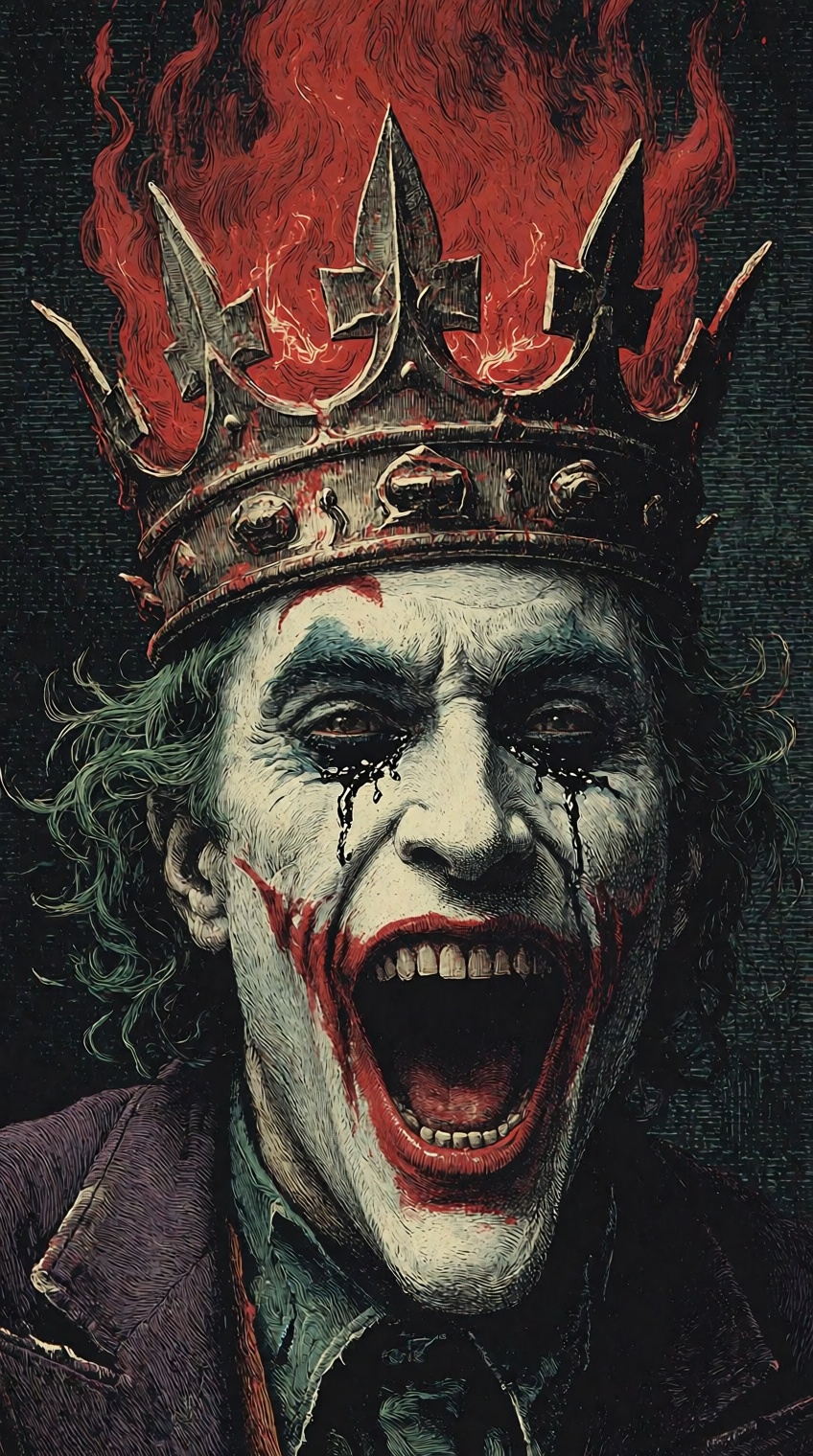 @cr00shatch,  The Joker wearing an ornate,  rusted king's crown screams in manic agony on Tensor.Art
