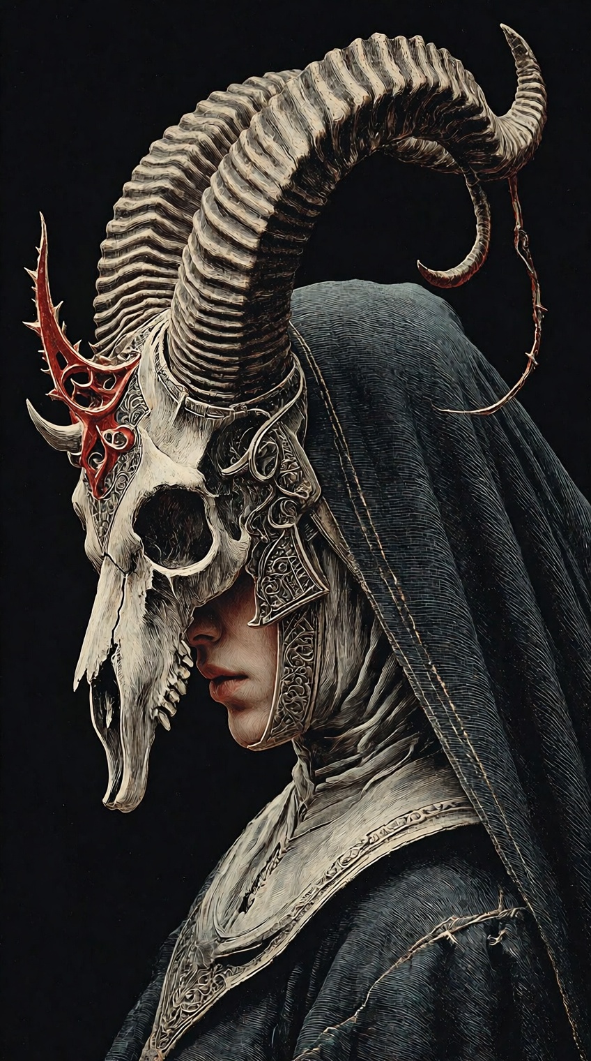 @cr00shatch,  A figure in profile wears an ornate,  skeletal helmet with massive on Tensor.Art