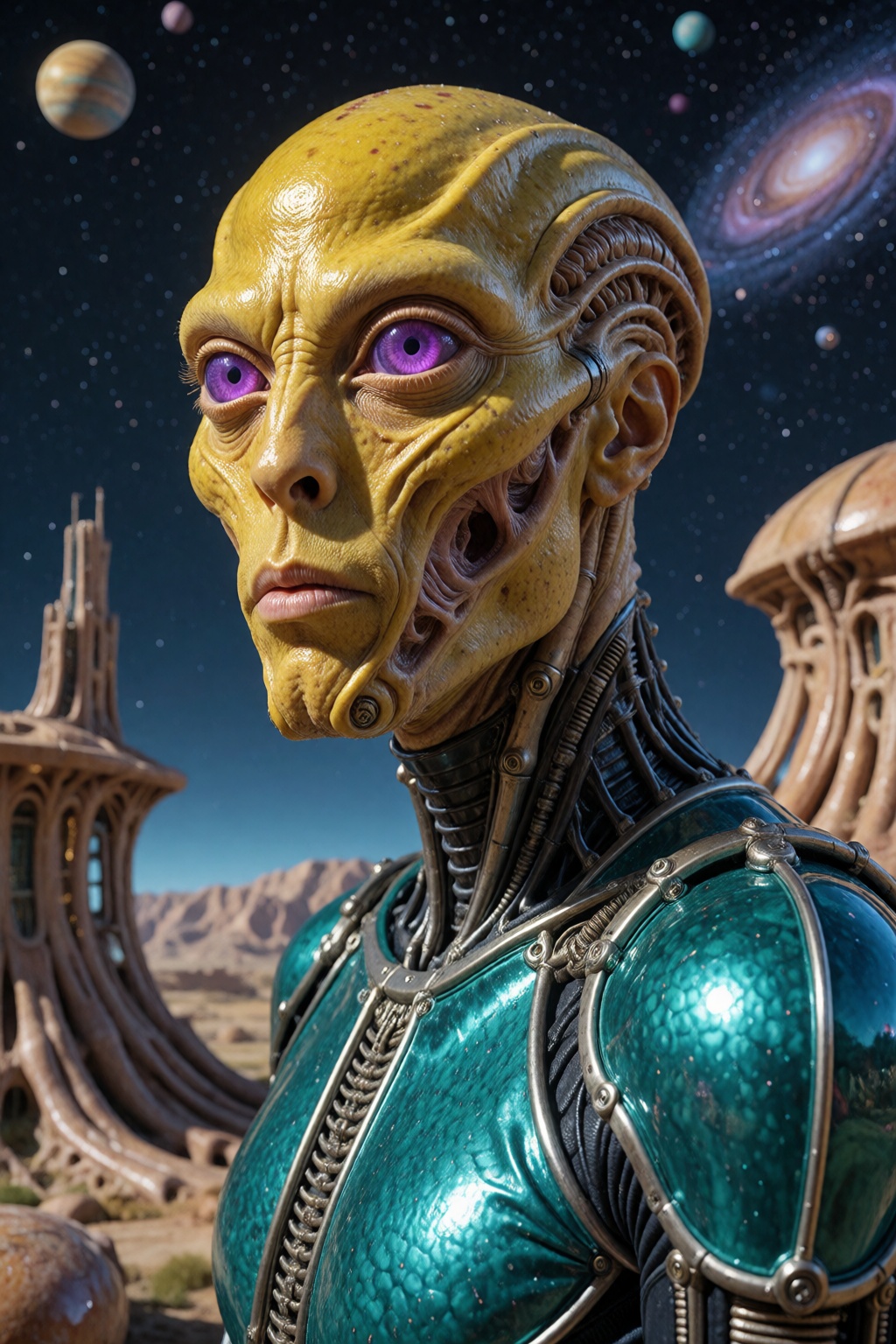 Photography portrait of a male alien with yellow skin and large purple eyes,  three quarter view. Slimy and shiny skin. He...