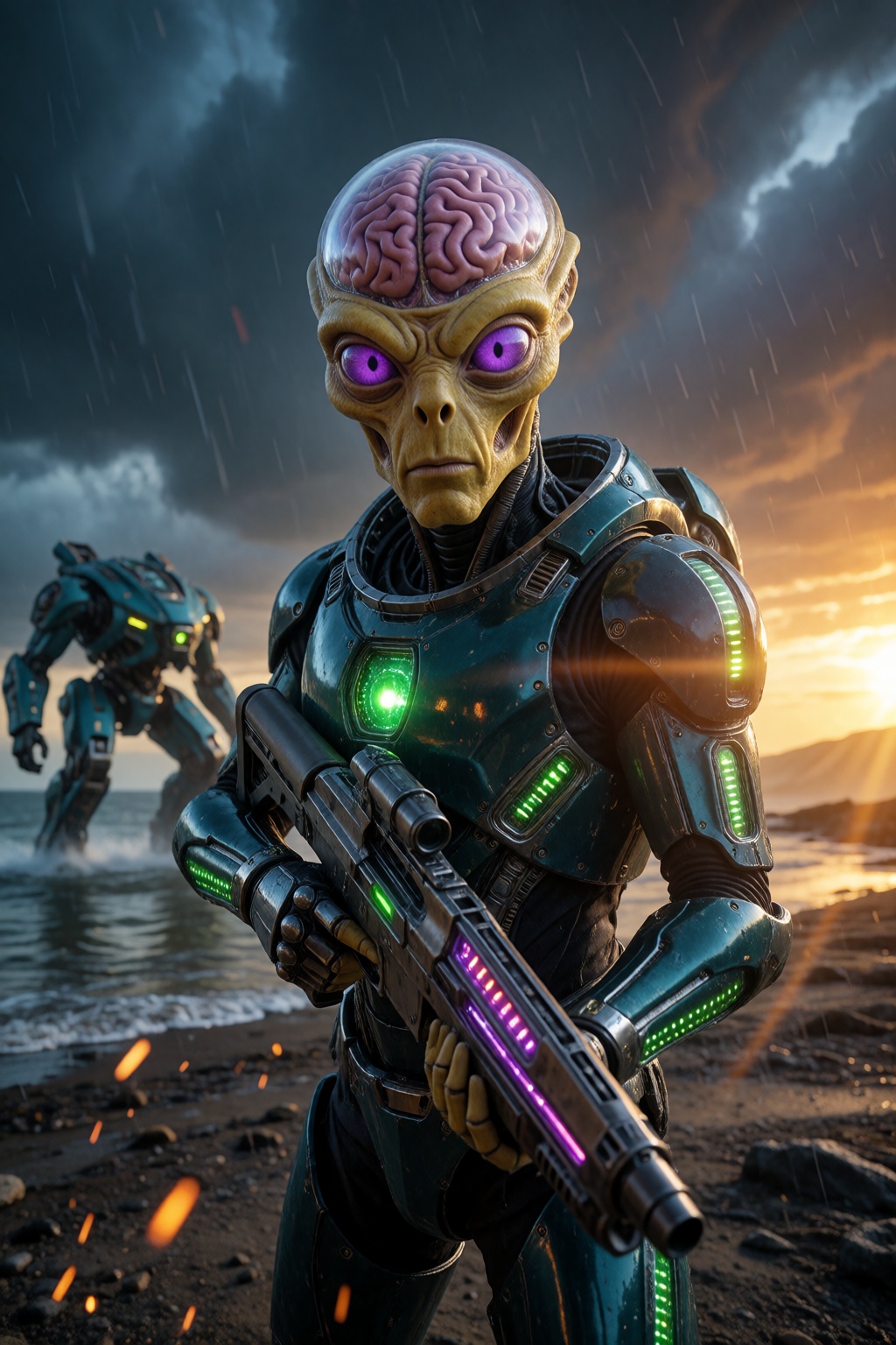 Realistic medium shot,  of an alien warrior with a look of determination and serious in his unnaturally large purple eyes....