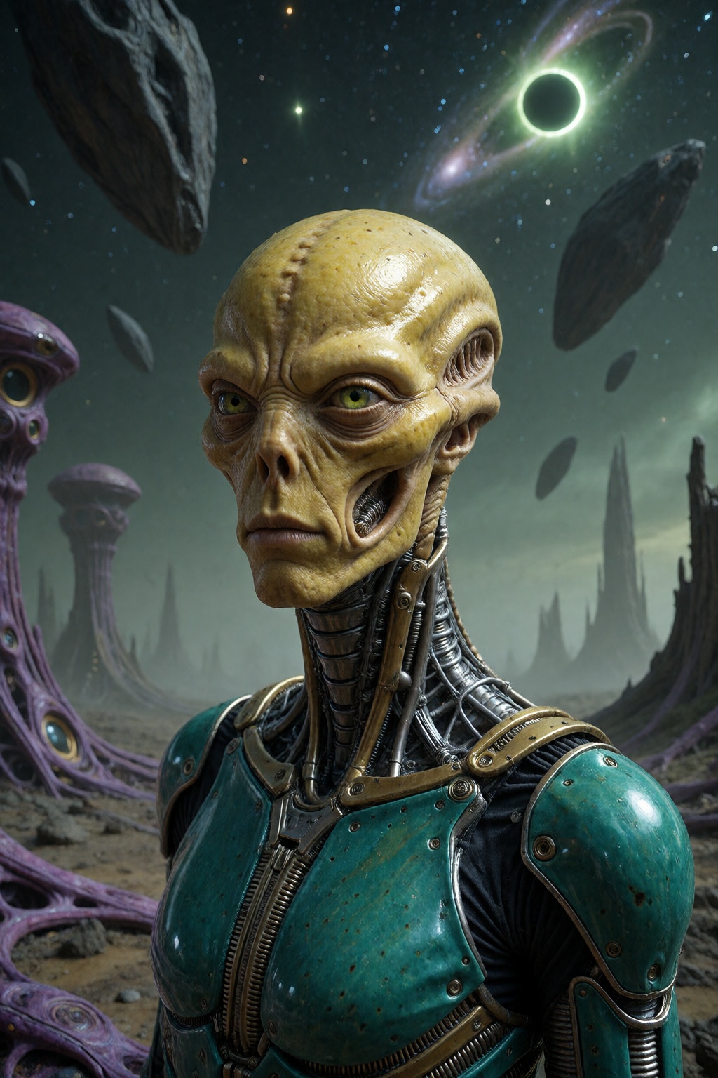 Portrait of a yellow-skinned alien with an elongated head stands on a desolated alien planet. He wears a teal futuristic s...