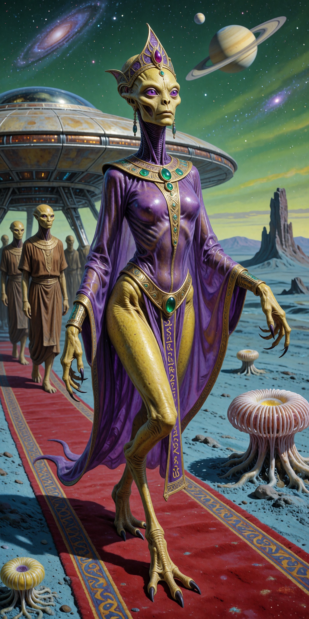 A sensual and slender female alien,  with a big bald head,  large purple eyes on Tensor.Art