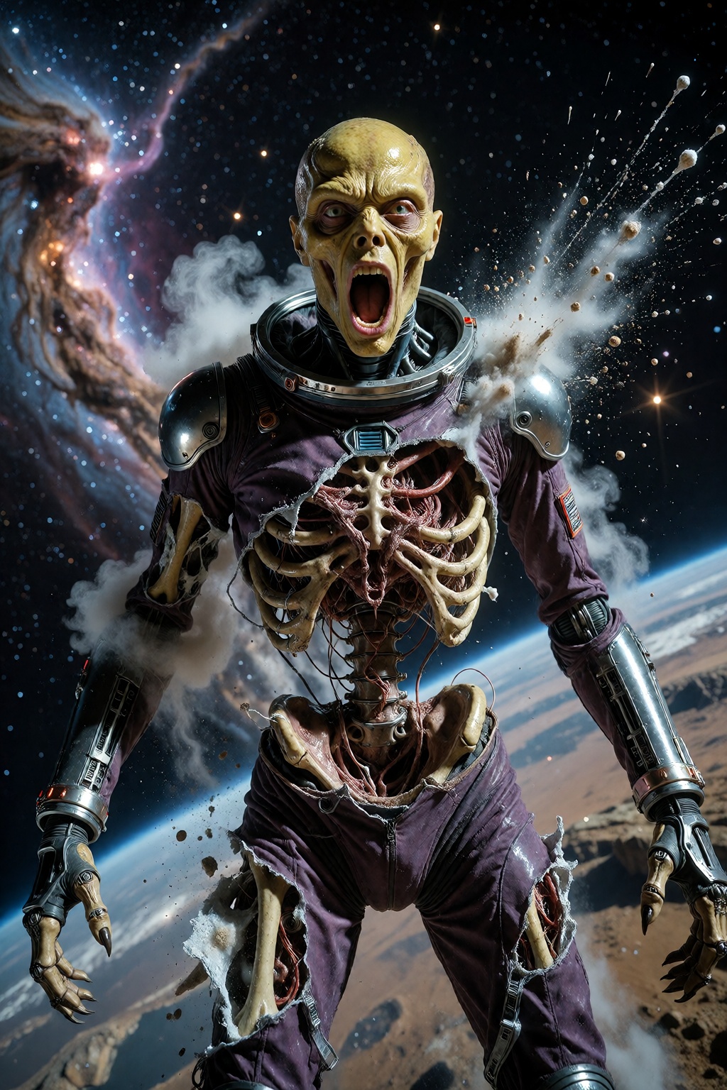 Still capture of a horror science-fiction movie. A screaming yellow-skinned alien astronaut levitates in the vacuum of dee...
