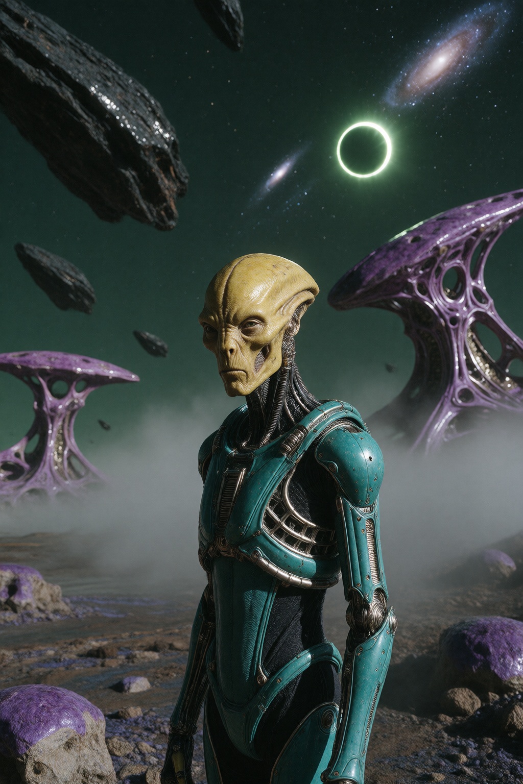 A yellow-skinned alien with an elongated head stands on a desolated alien planet. He wears a teal futuristic suit with rob...