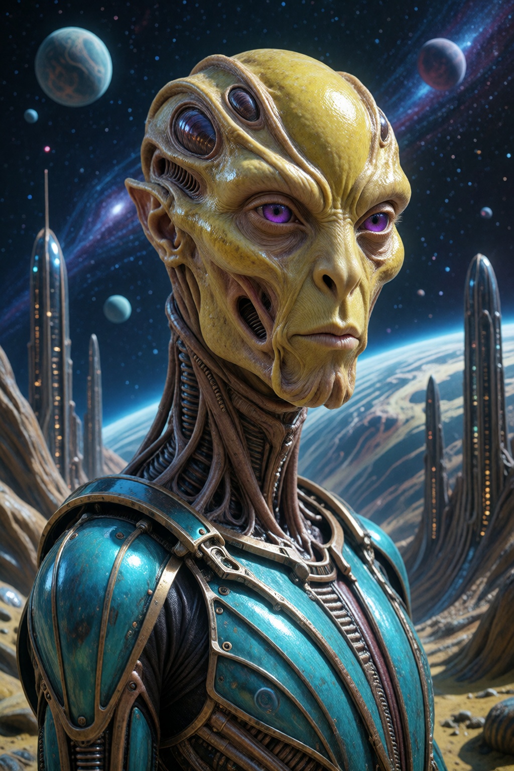 Photography portrait of a male alien with yellow skin and large purple eyes,  three quarter view. Slimy and shiny skin. He...