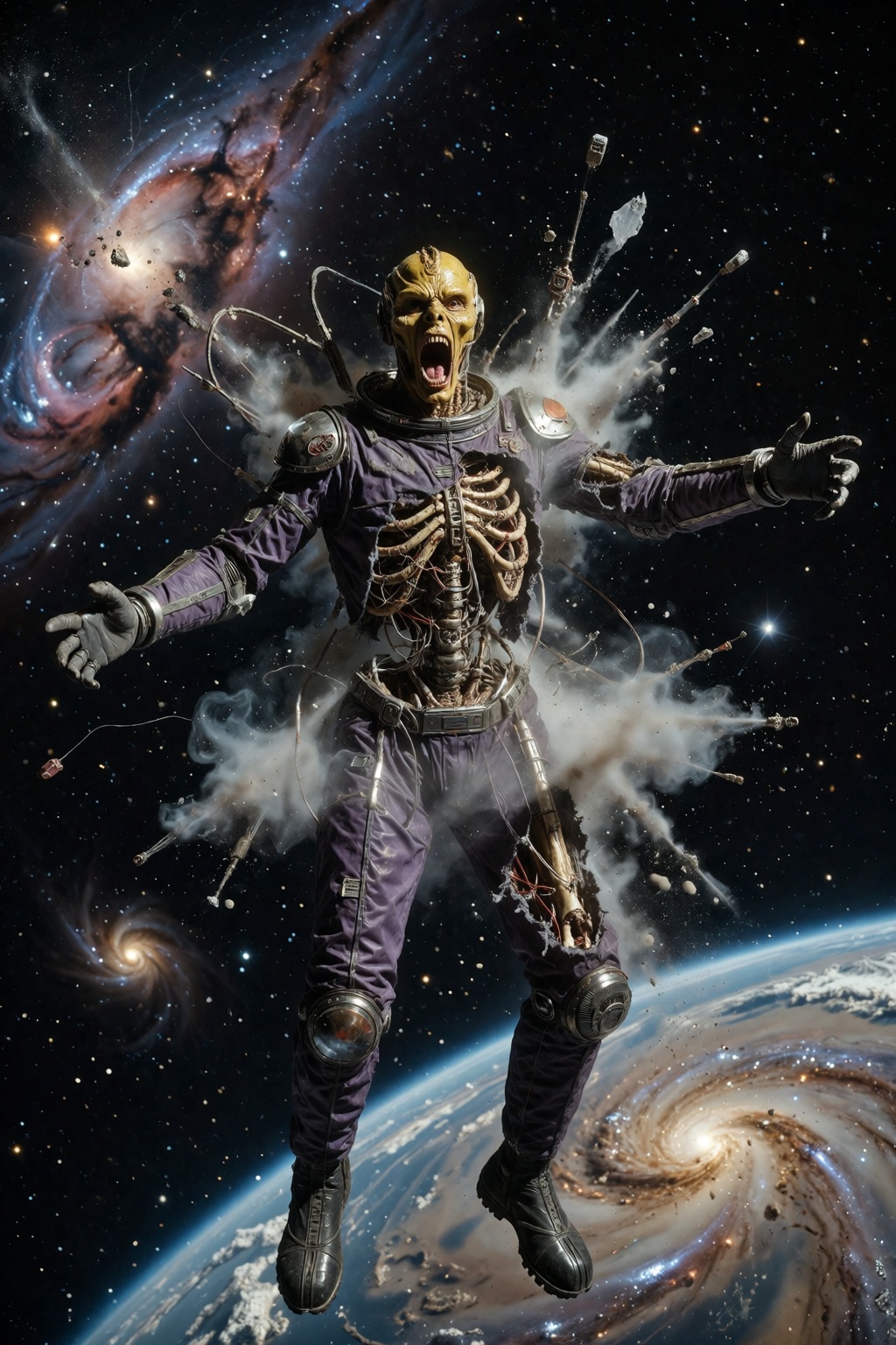 Still capture of a horror science-fiction movie. A screaming yellow-skinned alien astronaut levitates in the vacuum of dee...