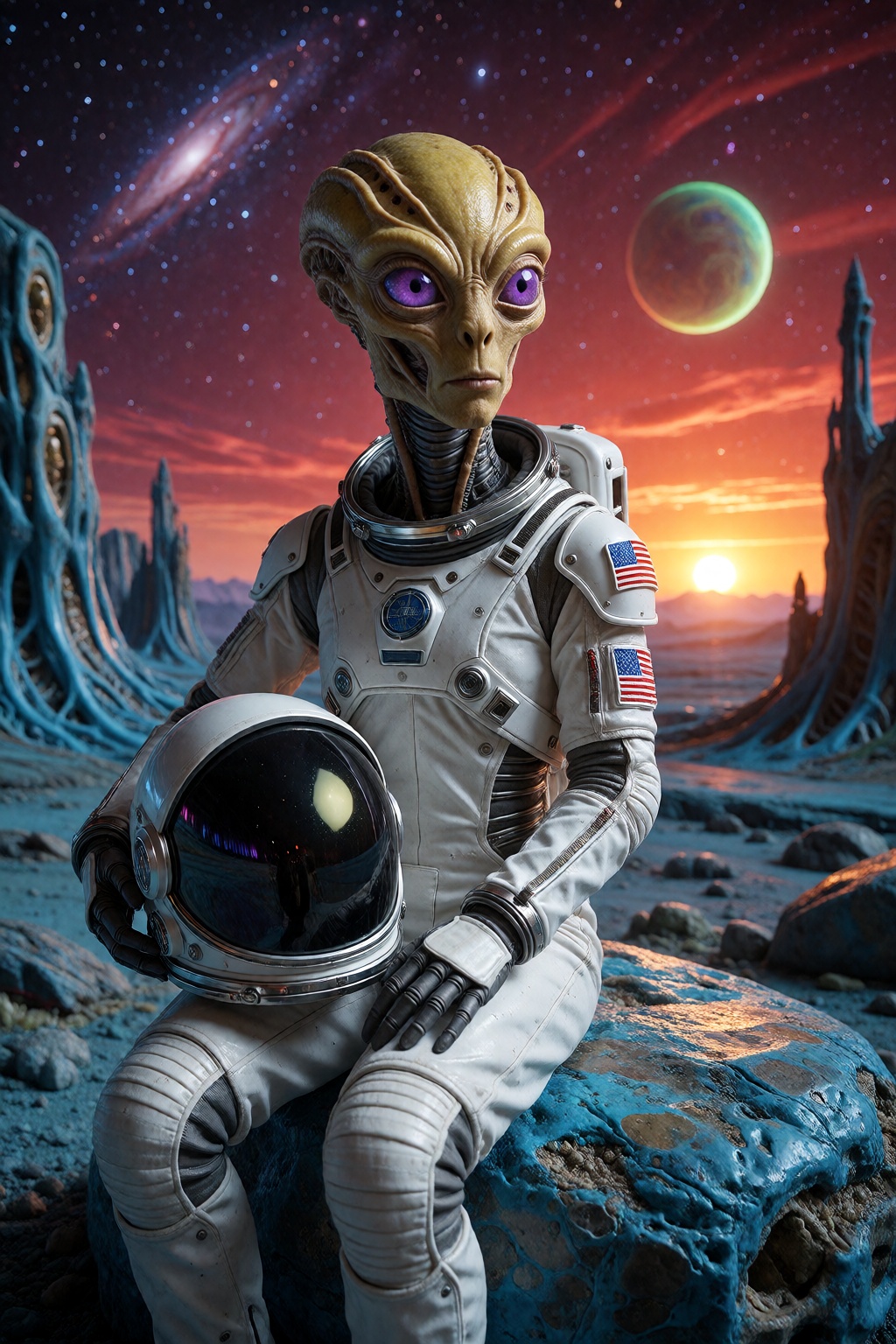 A professional photography portrait. A slender alien,  large purple eyes,  yellow skin on Tensor.Art