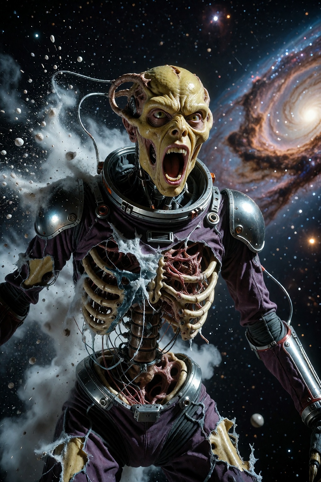 Still capture of a horror science-fiction movie. A screaming yellow-skinned alien astronaut levitates in the vacuum of dee...