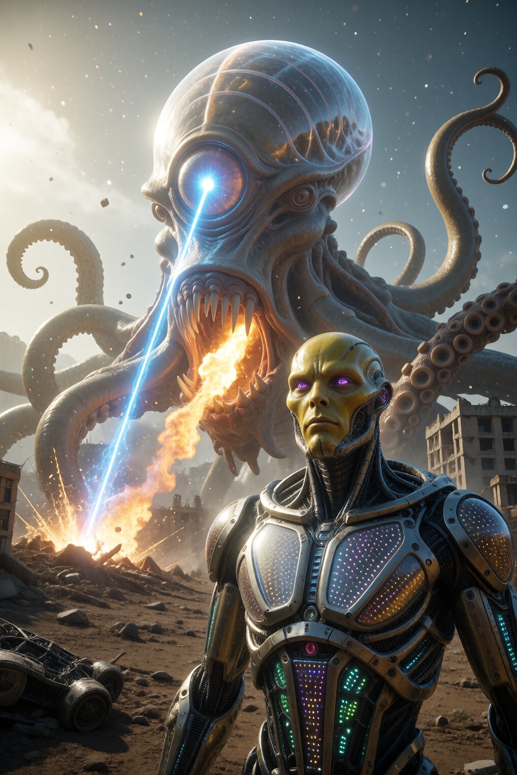 A dramatic shot of a post-apocalyptic wasteland. A gigantic octopus-like cyclop monster threatens to destroy the world fro...