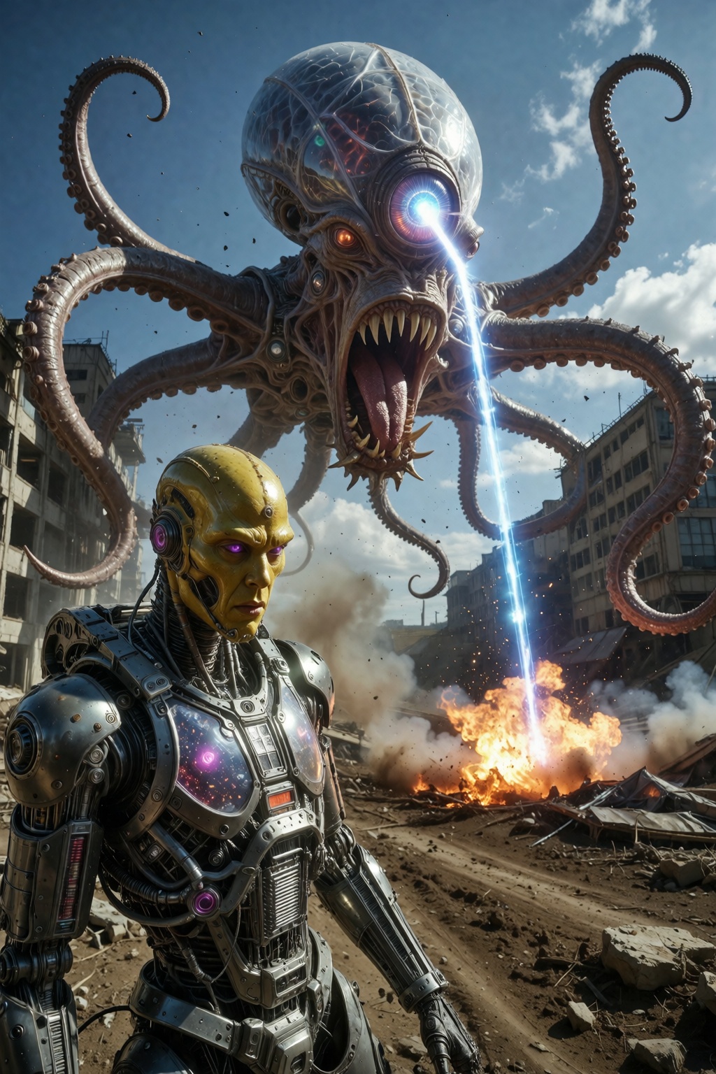 A dramatic shot of a post-apocalyptic wasteland. A gigantic octopus-like cyclop monster threatens to destroy the world fro...