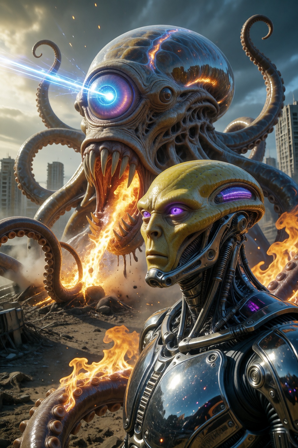 A dramatic shot of a post-apocalyptic wasteland. A gigantic octopus-like cyclop monster threatens to destroy the world fro...